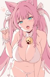 Rule 34 | 1girl, absurdres, animal ears, bare shoulders, blue eyes, bow, breasts, cat ears, cleavage, collarbone, fangs, hair bow, highres, large breasts, long hair, looking at viewer, navel, open mouth, original, pink hair, solo, teeth, twintails, upper teeth only, very long hair, white bow, zerocat