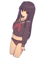 Rule 34 | 1girl, black hair, black panties, black sailor collar, black serafuku, black shirt, bow, bow panties, commentary request, cowboy shot, cropped legs, everyntrge, expressionless, female focus, hand on own neck, long hair, long sleeves, navel, neckerchief, no pants, original, panties, red eyes, red neckerchief, sailor collar, school uniform, serafuku, shirt, simple background, solo, underwear, white background