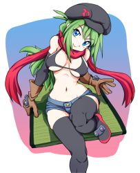 Rule 34 | 1girl, artist request, bikini, bikini top only, black bikini, black footwear, black thighhighs, blue eyes, boots, borrowed character, breasts, brown gloves, cabbie hat, female focus, from above, gloves, green hair, hat, head tilt, large breasts, long hair, midriff, navel, original, red scarf, scarf, short shorts, shorts, smile, solo, swimsuit, thigh boots, thighhighs, yunomiya agari