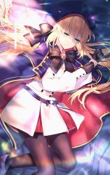 Rule 34 | 1girl, absurdres, artoria caster (fate), artoria caster (second ascension) (fate), artoria pendragon (fate), belt, beret, black gloves, black pantyhose, blonde hair, blue cape, blue hat, blush, breasts, buttons, cape, double-breasted, dress, fate/grand order, fate (series), gloves, green eyes, hane yuki, hat, highres, hood, hooded cape, huge filesize, long hair, long sleeves, looking at viewer, multicolored cape, multicolored clothes, pantyhose, red cape, revision, small breasts, solo, thighs, twintails, white dress