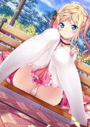 Rule 34 | 10s, 1girl, absurdres, bench, blonde hair, blue eyes, blush, braid, chrisandita, closed mouth, collaboration, dutch angle, eromanga sensei, frilled thighhighs, frills, highres, knees together feet apart, looking at viewer, panties, pantyshot, pink skirt, sitting, skirt, solo, thighhighs, twintails, underwear, white panties, white thighhighs