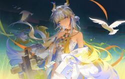 Rule 34 | 1girl, aqua eyes, arknights, bare shoulders, beads, belt, bird, blonde hair, blue hair, blue horns, closed mouth, cowboy shot, dragon girl, dragon horns, earrings, floating hair, hair between eyes, head tilt, highres, horns, jacket, jewelry, light particles, long hair, long sleeves, magic, multicolored hair, necklace, off shoulder, open clothes, open jacket, pointy ears, shu (arknights), smile, solo, standing, strapless, tube top, white belt, white bird, white hair, white horns, white jacket, white tube top, yellow horns, zzom b