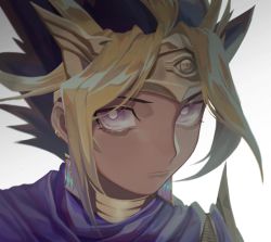 Rule 34 | 1boy, atem, black hair, blonde hair, cape, cbow, closed mouth, commentary request, dark-skinned male, dark skin, ear piercing, earrings, egyptian, jewelry, looking at viewer, male focus, multicolored hair, piercing, portrait, purple cape, solo, spiked hair, yu-gi-oh!, yu-gi-oh! duel monsters