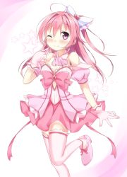 Rule 34 | 1girl, ;), ahoge, blush, bow, breasts, cleavage, detached collar, detached sleeves, dress, gloves, hair between eyes, hair bow, heart, highres, himenomi miruku, one eye closed, pink dress, pink eyes, pink hair, pink skirt, pink theme, pink thighhighs, ponytail, shiratama (teleidoscope), simple background, skirt, small breasts, smile, solo, standing, standing on one leg, star (symbol), thighhighs, wings, wink, yumekoi, zettai ryouiki