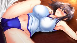 Rule 34 | 1girl, arm up, armpits, blue hair, blue shorts, blush, breasts, closed mouth, floor, from above, game cg, groin, gym uniform, hand on own chest, high ponytail, indoors, kaneshiro wataru, large breasts, legs, long hair, looking down, lying, navel, original, ponytail, purple eyes, shirt, shorts, soku iki bishonure athlete!, solo focus, spread legs, sweat, thighs, white shirt, wooden floor