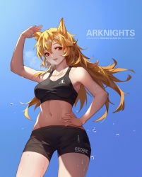 Rule 34 | 0qianben0, 1girl, :d, absurdres, arknights, arm up, bare arms, bare shoulders, black shorts, blonde hair, blue sky, blush, breasts, breath, ceobe (arknights), character name, chinese commentary, clothes writing, collarbone, commentary request, copyright name, cowboy shot, day, hand on own hip, highres, long hair, looking at viewer, medium breasts, navel, open mouth, outdoors, red eyes, salute, shorts, sky, smile, solo, sports bra, stomach, sweat, teeth, upper teeth only, very long hair, wet, zipper pull tab