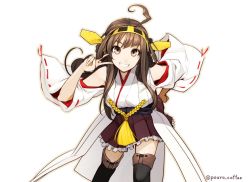 Rule 34 | 10s, 1girl, ahoge, boots, brown eyes, brown hair, facing viewer, fingernails, frilled skirt, frills, grin, hairband, hand on own hip, headgear, japanese clothes, kantai collection, kimono, kongou (kancolle), lace-trimmed sleeves, lace trim, leaning forward, long hair, looking at viewer, md5 mismatch, miniskirt, nontraditional miko, poaro, resized, ribbon-trimmed sleeves, ribbon trim, skirt, smile, smiley face, solo, tassel, twitter username, v