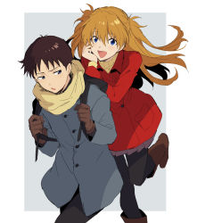 Rule 34 | 11kkr, 1boy, 1girl, :d, :o, backpack, bag, black pants, blonde hair, blue eyes, boots, brown footwear, brown gloves, brown hair, buttons, coat, commentary request, gloves, grey coat, grey eyes, hair between eyes, ikari shinji, leaning on person, long sleeves, looking at viewer, looking away, neon genesis evangelion, open mouth, pants, pantyhose, pocket, red coat, scarf, simple background, skirt, smile, souryuu asuka langley, standing, standing on one leg, sweater, two side up, yellow scarf