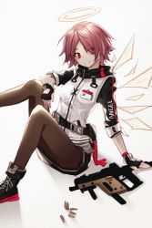Rule 34 | 1girl, arknights, belt, black footwear, black gloves, black jacket, black pantyhose, black skirt, boots, bullet, closed mouth, commentary request, cuicuijiao, energy wings, exusiai (arknights), eyes visible through hair, fingerless gloves, gloves, gun, hair over one eye, halo, highres, id card, jacket, kriss vector, long sleeves, multicolored clothes, multicolored jacket, pantyhose, red eyes, red hair, shadow, short hair, skirt, smile, solo, submachine gun, two-tone jacket, weapon, white background, white jacket