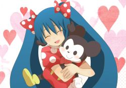 Rule 34 | absurdres, animal ears, artist request, blue hair, crossover, disney, dress, extra eyes, graphite (medium), hatsune miku, heart, highres, hug, image sample, long hair, mickey mouse, mouse ears, mouse tail, multicolored clothes, multicolored dress, open mouth, puffy short sleeves, puffy sleeves, short sleeves, smile, stuffed animal, stuffed toy, tail, traditional media, twintails, very long hair, vocaloid, wallpaper