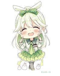 Rule 34 | 1girl, :d, ^ ^, animal, animal ear fluff, animal ears, blush, bow, character request, closed eyes, crossed legs, diagonal-striped bow, facing viewer, full body, green bow, green footwear, green hair, green skirt, hair bow, hands up, highres, layered skirt, long hair, long sleeves, open mouth, pantyhose, pleated skirt, ponytail, rabbit, rabbit ears, sakura oriko, shirt, shoes, simple background, skirt, smile, solo, standing, striped clothes, striped pantyhose, translation request, utsunomiya-sen meguri, vertical-striped clothes, vertical-striped pantyhose, very long hair, white background, white shirt
