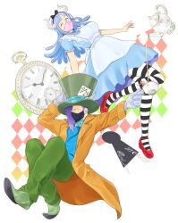 Rule 34 | 1boy, 1girl, absurdres, alice in wonderland, asuka shirogane, blue dress, blue gloves, blue hair, blue shirt, brother and sister, clock, coat, crossover, cup, dress, floating, gloves, green footwear, green headwear, hair over eyes, hat, highres, horns, long hair, mask, mouth mask, one eye covered, one piece, orange coat, page one (one piece), pantyhose, purple hair, red footwear, shirt, short hair, short sleeves, siblings, striped clothes, striped pantyhose, teacup, teapot, top hat, ulti (one piece)