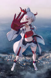Rule 34 | 1girl, absurdres, arknights, bandeau, belt, belt pouch, bilibilida, blurry, blurry background, breasts, chinese commentary, city, cleavage, closed mouth, coat, colored skin, day, dragon horns, floating, foreshortening, full body, highres, horns, long hair, looking at viewer, medium breasts, midair, multicolored hair, multicolored skin, nian (arknights), ocean, open clothes, open coat, outdoors, outstretched arm, pointy ears, ponytail, pouch, purple eyes, red hair, red skin, red tube top, short shorts, shorts, silver hair, smile, solo, strapless, streaked hair, tube top, two-tone hair, white coat, white footwear, white shorts