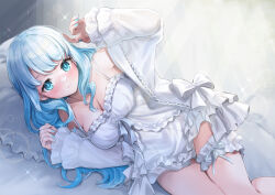 Rule 34 | 1girl, absurdres, blue eyes, blue hair, blue nails, blush, bow, breasts, bridal garter, cleavage, collarbone, feet out of frame, frilled negligee, highres, indie virtual youtuber, jacket, lace-trimmed sleeves, lace trim, lens flare, light frown, light rays, lingerie, long hair, looking at viewer, lying, medium breasts, multi-strapped camisole, nail polish, natsumiya ramune, negligee, on side, open clothes, open jacket, pillow, sahara1127, solo, spaghetti strap, sparkle, sunbeam, sunlight, underwear, virtual youtuber, wavy hair, white bow, white bridal garter, white jacket, white negligee
