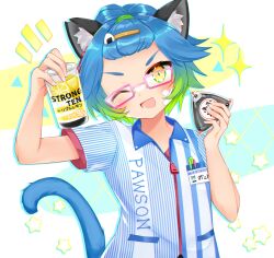 Rule 34 | 1girl, ;d, animal ear fluff, animal ears, arm up, blue hair, brand name imitation, can, cat ears, cat girl, cat tail, collared shirt, commission, employee uniform, food, forehead, glasses, gradient hair, green hair, hand up, holding, holding can, holding food, lawson, looking at viewer, multicolored hair, notice lines, one eye closed, onigiri, open mouth, original, pink-framed eyewear, shikito (yawa0w0), shirt, short sleeves, skeb commission, smile, solo, sparkle, striped clothes, striped shirt, strong zero, tail, thick eyebrows, uniform, upper body, vertical-striped clothes, vertical-striped shirt, white background, white nails, yellow eyes