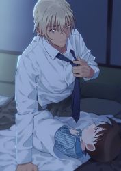 Rule 34 | 2boys, age difference, amuro tooru, arm support, bed sheet, bedroom, blonde hair, blue eyes, blue neckwear, blue pajamas, blurry, brown hair, child, closed mouth, collared shirt, commentary request, depth of field, edogawa conan, eye contact, futon, grey pants, hair between eyes, height difference, highres, indoors, k (gear labo), long sleeves, looking at another, looking down, looking up, lying, male focus, meitantei conan, multiple boys, necktie, no eyewear, on back, open mouth, pajamas, pants, shirt, short hair, sitting, smile, striped clothes, striped pajamas, under covers, undressing, vertical stripes, white shirt, yaoi