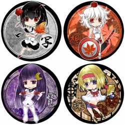 Rule 34 | 4girls, alice margatroid, alternate costume, alternate hairstyle, aoshima, bare shoulders, belt, bird, black hair, blonde hair, blue eyes, boots, bow, capelet, chibi, chinese clothes, crescent, crescent hair ornament, crow, hand fan, female focus, flower, french text, frills, hair between eyes, hair bow, hair ornament, hairband, hat, hime cut, inubashiri momiji, leaf, long hair, maple leaf, moon, multiple girls, necktie, open mouth, patchouli knowledge, purple eyes, purple hair, ranguage, red eyes, shameimaru aya, shanghai doll, shield, short hair, sword, tokin hat, touhou, weapon, white hair