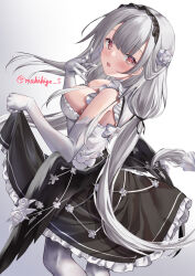 Rule 34 | 1girl, absurdres, artist name, azur lane, black feathers, black wings, breasts, cleavage, clothes lift, dress, elbow gloves, feathers, flower, frilled dress, frills, from behind, gloves, hair flower, hair ornament, hand up, highres, large breasts, lifting own clothes, long hair, low twintails, low wings, maid, maid headdress, makihige, scylla (azur lane), skirt, skirt lift, twintails, white hair, wing ornament, wings