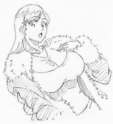 Rule 34 | 1girl, bleach, breasts, cleavage, coat, fur-trimmed jacket, fur trim, hair ornament, hand on own chest, huge breasts, inoue orihime, jacket, jewelry, long hair, looking at viewer, monochrome, necklace, open mouth, rakusakugk, shiny skin, solo, tank top