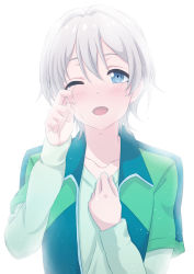 Rule 34 | 10s, 1boy, ;d, ayumu-k, blush, hand on own chest, highres, jacket, male focus, one eye closed, open mouth, short hair, silver hair, simple background, smile, solo, tears, totsuka saika, trap, white background, wiping tears, yahari ore no seishun lovecome wa machigatteiru.