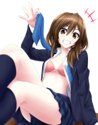 Rule 34 | +++, 1girl, black thighhighs, blush, boots, bra, breasts, brown eyes, brown hair, center opening, collarbone, gotoba sora, grin, hair ribbon, highres, innocent red, looking at viewer, navel, open clothes, original, pink bra, pleated skirt, ribbon, school uniform, short hair, simple background, sitting, skirt, small breasts, smile, solo, thigh boots, thighhighs, underwear, watarui, white background