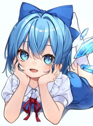 Rule 34 | 1girl, blue bow, blue dress, blue eyes, blue hair, bow, cirno, commentary, crossed legs, detached wings, dress, fairy, fairy wings, hair bow, hands on own face, highres, ice, ice wings, legs up, lying, on stomach, open mouth, pinafore dress, short hair, simple background, sleeveless, sleeveless dress, solo, touhou, white background, wings, yuineko