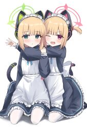 Rule 34 | 2girls, absurdres, apron, black dress, blonde hair, blue archive, blush, cat tail, dress, frilled apron, frills, green eyes, green halo, halo, highres, long sleeves, looking at viewer, maid, maid apron, maid headdress, midori (blue archive), midori (maid) (blue archive), minazuki (uraha246), momoi (blue archive), momoi (maid) (blue archive), multiple girls, official alternate costume, one eye closed, open mouth, pantyhose, parted lips, pink halo, puffy long sleeves, puffy sleeves, red eyes, short hair, siblings, simple background, sisters, smile, tail, twins, white apron, white background, white pantyhose