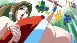 Rule 34 | areola slip, bow, breasts, brown eyes, brown hair, covered erect nipples, earrings, forest, hand fan, huge breasts, jewelry, jyubei, lipstick, makeup, nature, ninja, nipple slip, nipples, open mouth, shiranui mai, snk, sword, the king of fighters, weapon