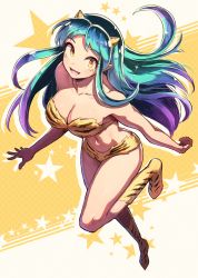 Rule 34 | 1girl, :d, bare shoulders, bikini, boots, breasts, cleavage, collarbone, commentary request, full body, gradient hair, green hair, highres, horns, kuroi susumu, large breasts, long hair, looking at viewer, lum, multicolored hair, navel, open mouth, pointy ears, print bikini, print footwear, purple hair, smile, solo, swimsuit, thighs, urusei yatsura, yellow bikini, yellow eyes, yellow footwear, yellow horns