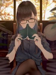 Rule 34 | 1girl, absurdres, bad id, bad pixiv id, black-framed eyewear, black hair, black pantyhose, blue dress, blue eyes, blurry, blurry background, blush, book, closed mouth, crossed legs, dress, earrings, eyes visible through hair, glasses, hands up, highres, holding, holding book, indoors, jewelry, long hair, looking at viewer, mole, mole under eye, nail polish, original, pantyhose, saitou (lynx-shrike), short sleeves, sitting, smile, solo, window