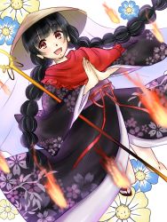 Rule 34 | 1girl, absurdres, ajirogasa, amafumi, black hair, black kimono, braid, commentary request, fire, floral print, flower, hat, highres, japanese clothes, kimono, looking at viewer, obi, open mouth, own hands together, print kimono, red eyes, red ribbon, ribbon, sash, smile, solo, tabi, touhou, twin braids, wide sleeves, yatadera narumi
