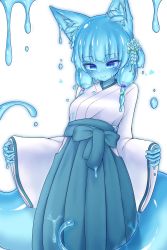 Rule 34 | 1girl, animal ears, blue eyes, blue hair, blue skin, colored skin, curss, dress, fox ears, highres, japanese clothes, monster girl, slime girl, smile, solo, twintails