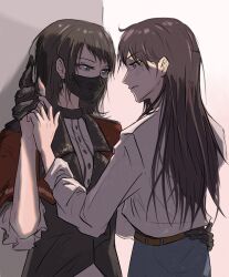 2girls bang_dream! bang_dream!_it&#039;s_mygo!!!!! black_gloves black_hair black_mask blue_eyes blue_skirt blush brown_hair capelet chinese_commentary commentary_request eye_contact gloves hand_on_another&#039;s_waist highres long_hair long_sleeves looking_at_another mask mole mole_under_eye mouth_mask multiple_girls parted_lips purple_eyes red_capelet shiina_taki shirt short_sleeves skirt timoris_(bang_dream!) white_shirt yahata_umiri yuri zih_ii