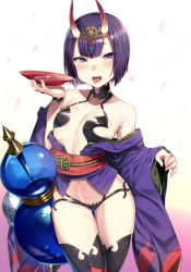 Rule 34 | 1girl, alcohol, bad id, bad pixiv id, blush, cherry blossoms, cup, dripping, fangs, fate/grand order, fate (series), gourd, horns, japanese clothes, kimono, looking at viewer, off shoulder, omochi no kimochi, oni, open mouth, purple eyes, purple hair, sakazuki, sake, sexually suggestive, short hair, shuten douji (fate), skin-covered horns, solo, thighhighs, tongue, tongue out