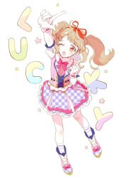Rule 34 | 1girl, ;o, aikatsu! (series), aikatsu on parade!, arm up, blush, boots, brown eyes, catchphrase, commentary, from above, full body, gloves, hair ribbon, highres, idol clothes, kiseki raki, light brown hair, one eye closed, open mouth, pointing, pointing up, popoin, puffy short sleeves, puffy sleeves, ribbon, short sleeves, sidelocks, simple background, skirt, socks, solo, star (symbol), twintails, white background