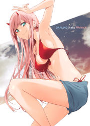Rule 34 | 10s, 1girl, aqua eyes, armpits, bare shoulders, bikini, blue shorts, blush, breasts, closed mouth, collarbone, copyright name, darling in the franxx, eyeliner, hand gesture, hand up, horns, long hair, looking at viewer, makeup, medium breasts, murio, navel, pink hair, red bikini, red horns, shorts, sideboob, smile, solo, swimsuit, thighs, v, zero two (darling in the franxx)
