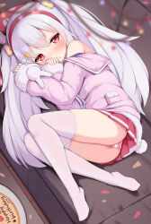Rule 34 | absurdres, ass, azur lane, birthday cake, blurry, blush, cake, christmas lights, couch, depth of field, fetal position, food, food on face, hairband, happy birthday, head tilt, highres, indoors, irokari, jacket, laffey (azur lane), lying, on couch, on side, panties, pink jacket, plate, red eyes, red skirt, skirt, striped clothes, striped panties, thighhighs, underwear, white hair, white thighhighs, zettai ryouiki