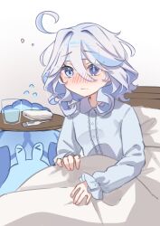 1girl ahoge alternate_costume bed bed_sheet blue_eyes blue_hair blue_pajamas blush commentary_request cup digital_thermometer drinking_glass furina_(genshin_impact) genshin_impact grey_hair hair_between_eyes heterochromia highres indoors long_sleeves mademoiselle_crabaletta multicolored_hair nose_blush pajamas sick sitting solo streaked_hair thermometer under_covers yoshino_mugiko