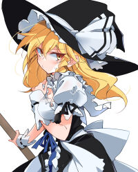 Rule 34 | 1girl, black hat, blonde hair, breasts, closed mouth, commentary request, from side, hat, hat ribbon, highres, ichimura kanata, kirisame marisa, large breasts, long hair, looking at viewer, puffy short sleeves, puffy sleeves, red ribbon, ribbon, short sleeves, simple background, solo, sweatdrop, touhou, white background, witch hat, yellow eyes