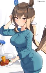 Rule 34 | 1girl, admire vega (umamusume), animal ears, aran sweater, arm up, blue flower, blue rose, blue sweater, blurry, blurry background, blush, breasts, brown hair, cable knit, carrot, closed mouth, commentary request, dated, depth of field, dress, flower, hair between eyes, hair ribbon, hamburger steak, highres, hirota fruit, holding, holding plate, horse ears, horse girl, horse tail, long hair, looking at viewer, low ponytail, medium breasts, plate, ponytail, purple eyes, ribbon, rose, smile, solo, sweater, sweater dress, tail, twitter username, umamusume, vase, very long hair, white ribbon