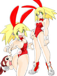 Rule 34 | 1girl, animal ears, ass, bare legs, blonde hair, bow, bowtie, breasts, cowboy shot, cuffs, data (mega man), detached collar, fake animal ears, full body, green eyes, highres, leotard, long hair, mega man (series), mega man legends (series), multiple views, open mouth, playboy bunny, rabbit ears, rabbit tail, red leotard, red neckwear, roll caskett (mega man), shoes, simple background, small breasts, tail, toshinoshin, white background