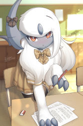 Rule 34 | 1girl, absol, absurdres, animal hands, animal nose, arm support, artist name, black bow, black thighhighs, blurry, blurry background, blush, body fur, bokeh, bow, bowtie, bright pupils, brown bow, brown bowtie, brown skirt, chair, chalkboard, classroom, claws, closed mouth, colored skin, crack, creatures (company), dated, day, depth of field, desk, eraser, female focus, furry, furry female, game freak, gen 3 pokemon, grey horns, grey skin, hair ornament, hairclip, hand up, happy, highres, holding, holding pencil, horn bow, horn ornament, horns, indoors, korean text, leaning forward, leg up, light particles, light rays, locker, long hair, looking at viewer, mechanical pencil, miniskirt, neck fur, nintendo, nose blush, paper, pencil, personification, plaid, plaid bow, pleated skirt, pokemon, pokemon (creature), red eyes, school chair, school desk, shirt, short sleeves, sidelocks, signature, single horn, skirt, smile, solo, standing, standing on one leg, sunlight, tail, thighhighs, translation request, white fur, white hair, white pupils, white shirt, zettai ryouiki, zinfyu