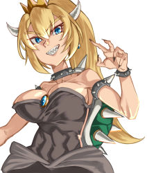 Rule 34 | 1girl, absurdres, armlet, bare shoulders, black dress, blonde hair, blue eyes, bowsette, bracelet, breasts, collar, crown, dress, earrings, fingernails, grin, highres, horns, jewelry, large breasts, long hair, looking at viewer, mario (series), nail polish, new super mario bros. u deluxe, nintendo, nukewaffle, ponytail, sharp fingernails, sharp teeth, simple background, slit pupils, smile, solo, spiked armlet, spiked bracelet, spiked collar, spiked shell, spikes, strapless, strapless dress, teeth, turtle shell, white background