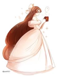 Rule 34 | 1girl, :o, bare shoulders, bow, brown eyes, brown hair, character request, copyright request, cup, dress, earrings, formal, ghost, gloves, gown, gradient hair, hair bow, holding, holding cup, jewelry, joobi0527, long hair, md5 mismatch, multicolored hair, solo, sparkle, very long hair, white background, white dress, white gloves