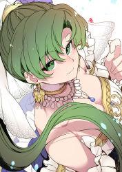 Rule 34 | 1girl, bride, bride (fire emblem), closed mouth, dress, earrings, fire emblem, fire emblem: the blazing blade, fire emblem heroes, green eyes, green hair, highres, jewelry, long hair, lyn (bridal) (fire emblem), lyn (fire emblem), nakabayashi zun, necklace, nintendo, ponytail, simple background, smile, solo, upper body, wedding dress, white background