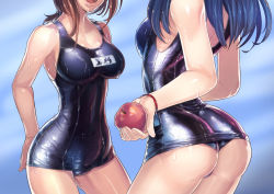 Rule 34 | 2girls, absurdres, apple, armpits, arms behind back, ass, blue background, blue hair, bracelet, breasts, brown hair, cleavage, collarbone, covered navel, cowboy shot, fengmo, food, fruit, head out of frame, highres, jewelry, large breasts, multiple girls, one-piece swimsuit, one-piece thong, open mouth, original, school swimsuit, shiny clothes, simple background, skin tight, standing, swimsuit, water, wet, wet clothes, wet swimsuit