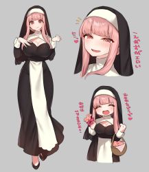 Rule 34 | 1girl, basket, black footwear, blush, breasts, cleavage, closed mouth, facing viewer, flower, grey background, habit, hand on own chest, heart, high heels, holding, holding basket, holding flower, large breasts, long hair, long sleeves, looking at viewer, multiple views, nun, open mouth, original, pink eyes, pink hair, sakana no ike, sidelocks, simple background, smile, translation request