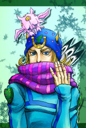 Rule 34 | 1boy, animal, animal on head, beanie, blonde hair, blue eyes, covering own mouth, hat, horseshoe ornament, johnny joestar, jojo no kimyou na bouken, long sleeves, male focus, metamin (memethah), official alternate costume, official style, on head, pink scarf, purple scarf, scarf, stand (jojo), steel ball run, striped clothes, striped scarf, tusk (stand), tusk act1, vertical-striped clothes, vertical-striped scarf