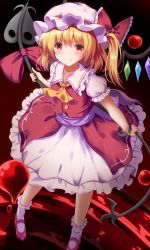 Rule 34 | black background, brown background, collared dress, dress, flandre scarlet, hair between eyes, hat, highres, mob cap, socks, solo, sunken fossil world, tagme, touhou, unory, white hat, white socks