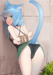 Rule 34 | 1girl, animal ear fluff, animal ears, arms behind back, ass, bdsm, black camisole, black panties, blue hair, blush, bondage, bound, bound arms, camisole, cat ears, cat girl, cat tail, clothes lift, from behind, green eyes, green skirt, highres, leaning forward, lifted by tail, long hair, looking back, mao lian (nekokao), miniskirt, original, panties, rope, skirt, skirt lift, solo, tail, tears, thigh gap, thighs, underwear